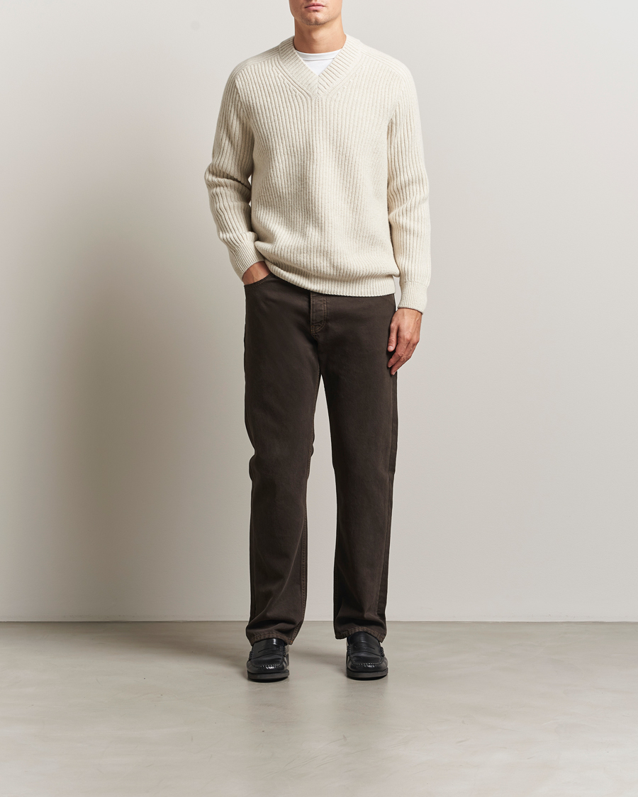Uomini | Maglieria | BOSS ORANGE | Karinet Ribbed Wool Knitted V-Neck Light Beige