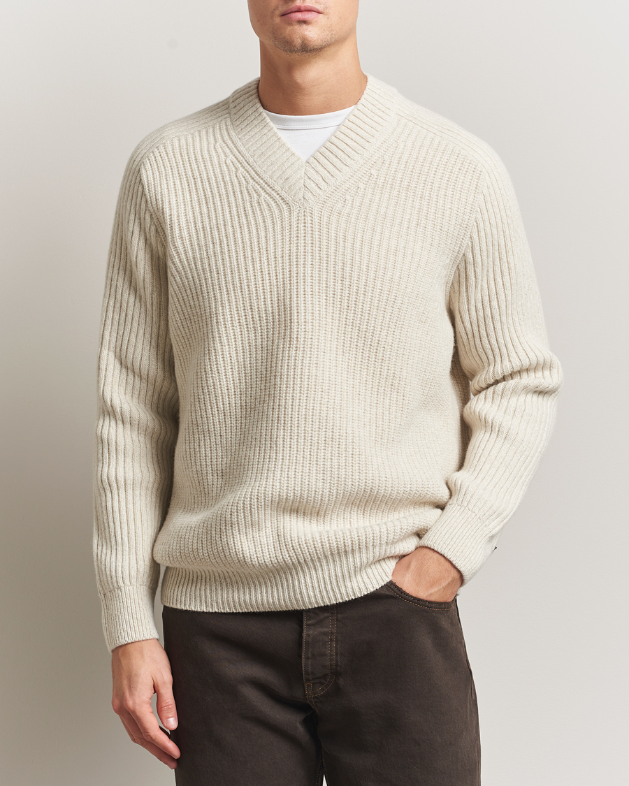 Uomini | Maglieria | BOSS ORANGE | Karinet Ribbed Wool Knitted V-Neck Light Beige