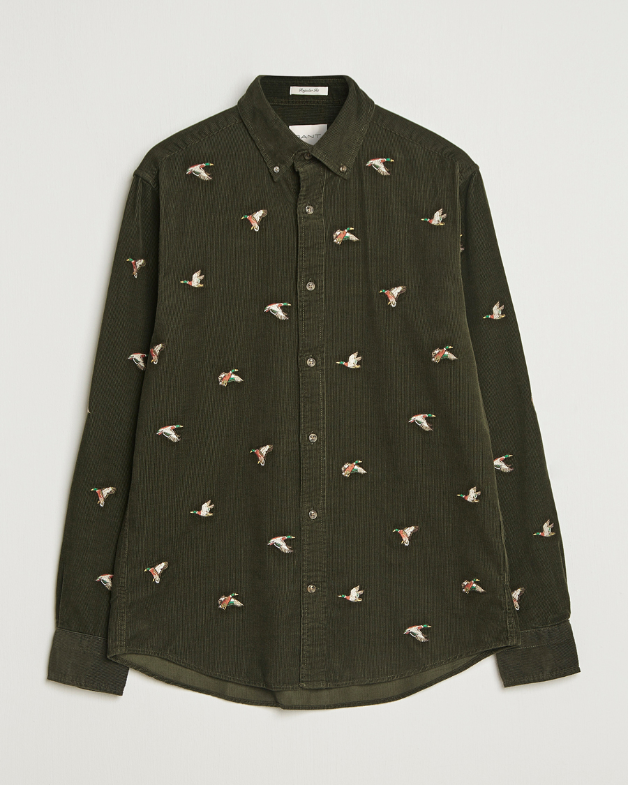Uomini | Camicie | GANT | Regular Fit Embroidered Corduroy Shirt Green Lagoon