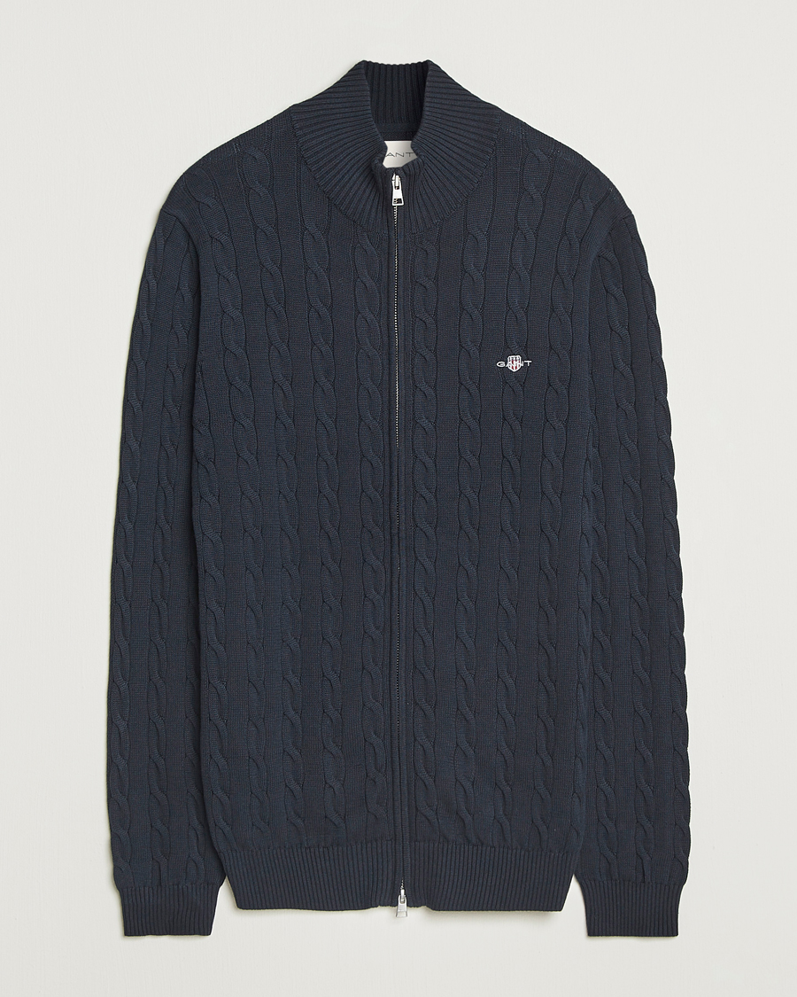 Uomini | Maglieria | GANT | Cotton Cable Full Zip Evening Blue