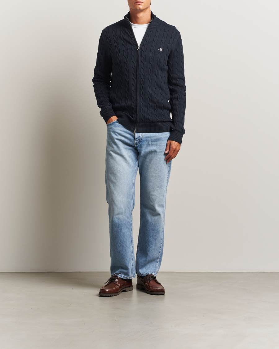 Uomini | Maglieria | GANT | Cotton Cable Full Zip Evening Blue