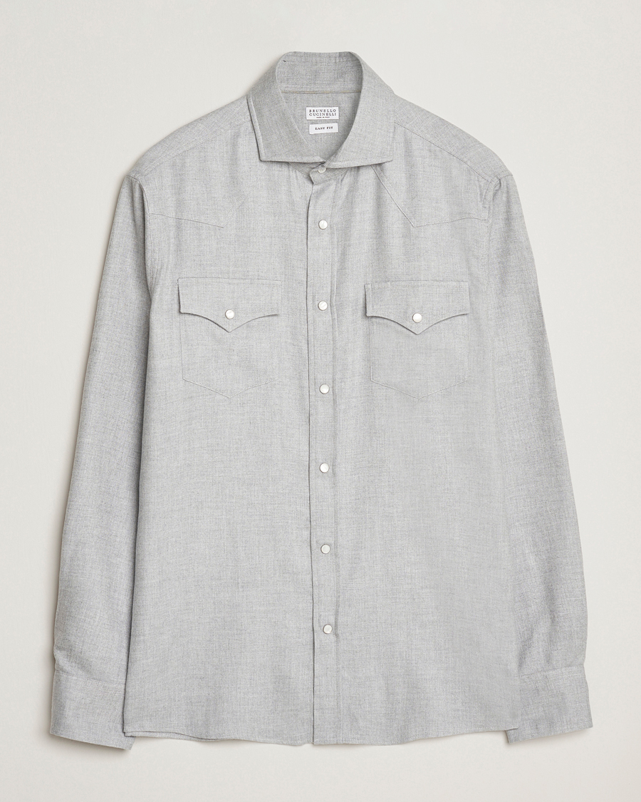 Uomini | Camicie | Brunello Cucinelli | Soft Flannel Western Overshirt Light Grey