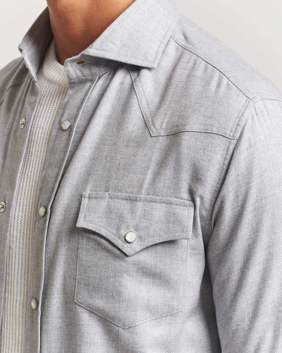 Uomini | Camicie | Brunello Cucinelli | Soft Flannel Western Overshirt Light Grey