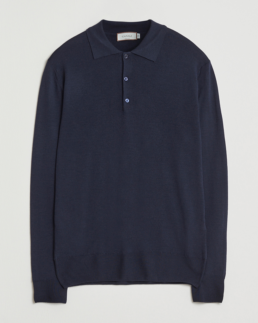 Uomini | Maglieria | Canali | Merino Wool Long Sleeve Polo Navy