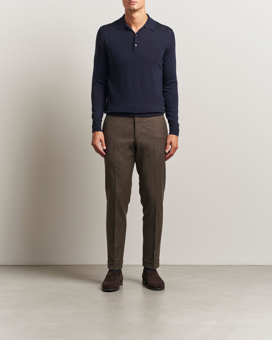 Uomini | Maglieria | Canali | Merino Wool Long Sleeve Polo Navy