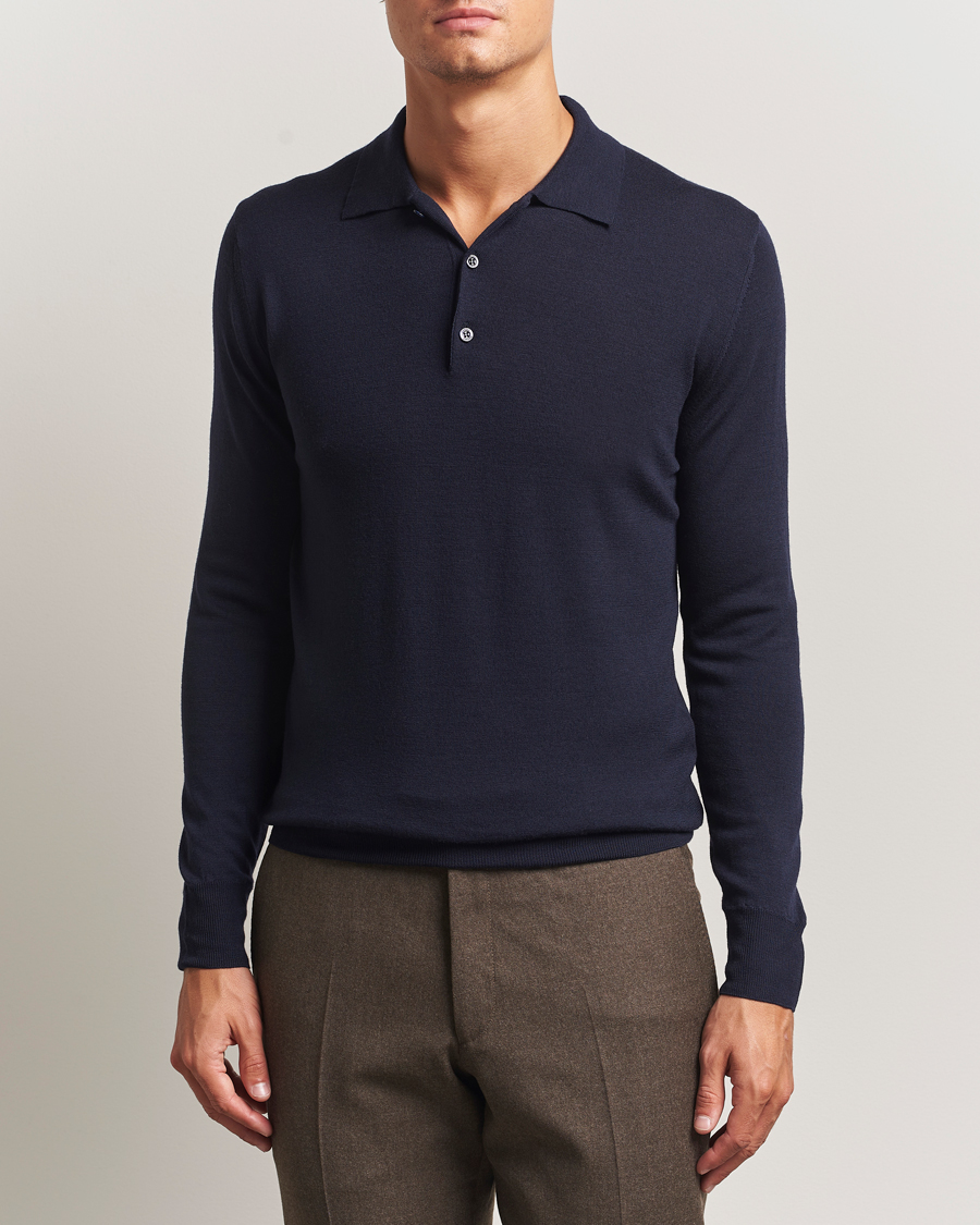 Uomini | Maglieria | Canali | Merino Wool Long Sleeve Polo Navy