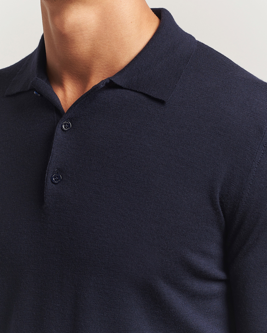 Uomini | Maglieria | Canali | Merino Wool Long Sleeve Polo Navy