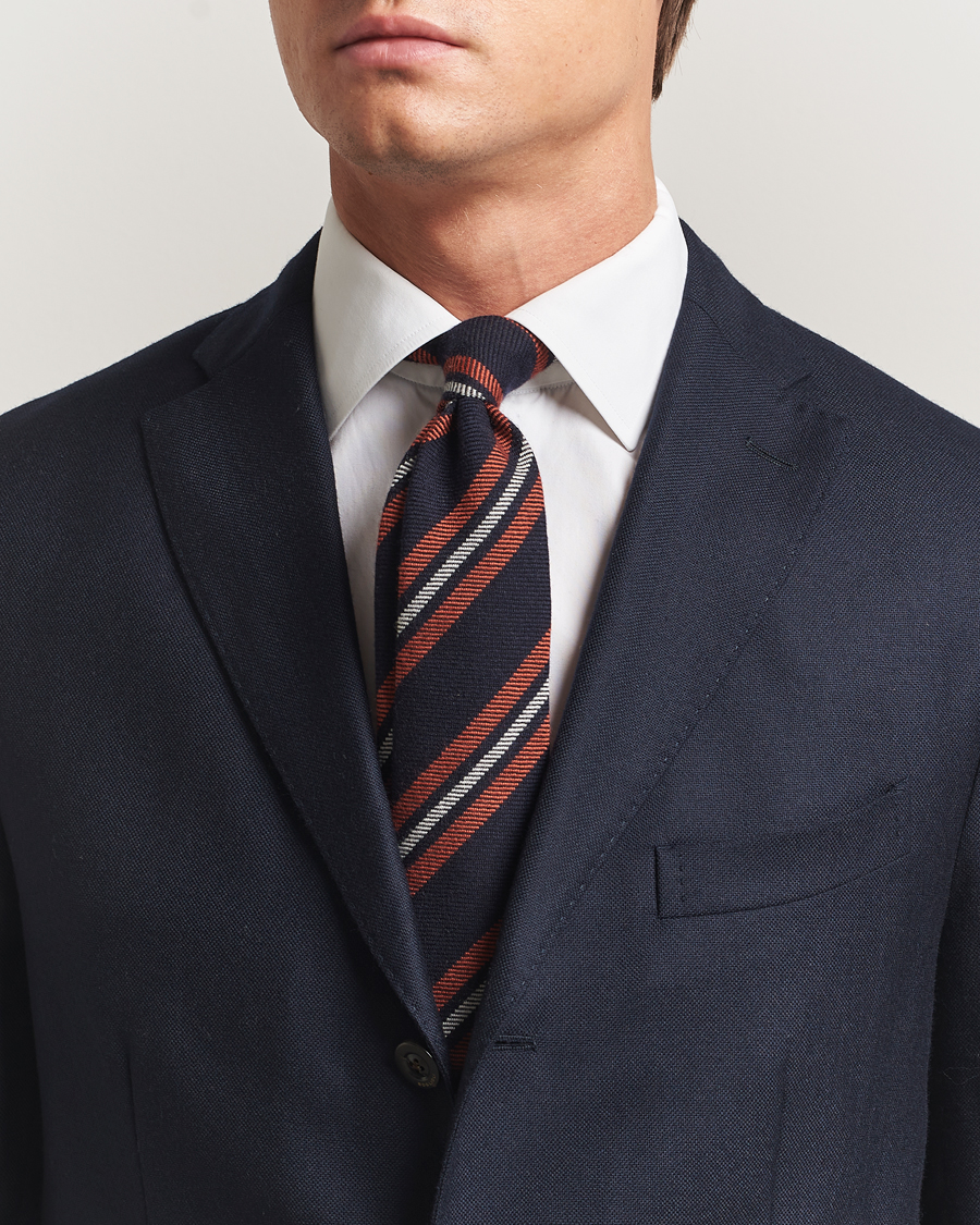 Uomini | Finamore Napoli Wool Regimental Stripe Tie Navy/Orange | Finamore Napoli | Wool Regimental Stripe Tie Navy/Orange