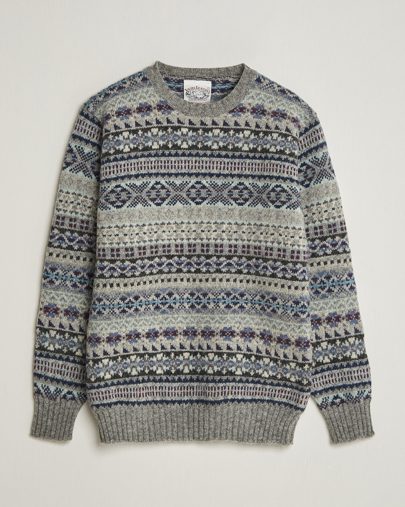 Uomini | Maglieria | Jamieson's of Shetland | Jamiesons Of Shetland All Over Fair Isle Pullover Crew Neck Light Grey