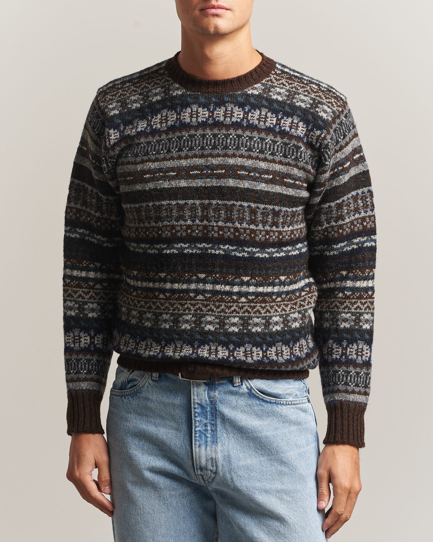 Uomini | Maglieria | Jamieson's of Shetland | Jamiesons Of Shetland All Over Fair Isle Pullover Crew Neck Brown