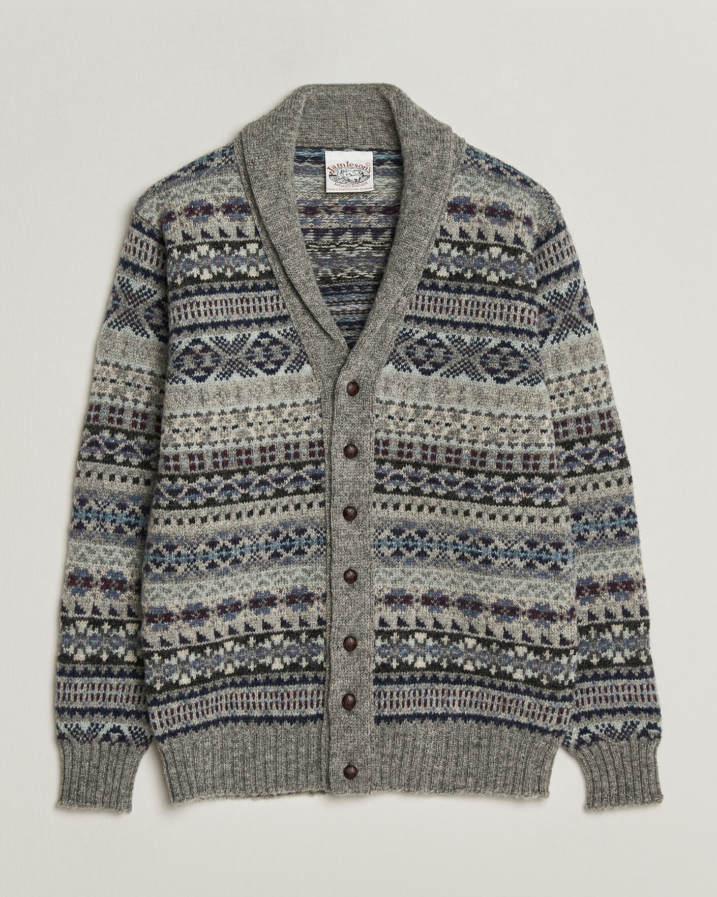Uomini | Maglieria | Jamieson's of Shetland | Jamiesons Of Shetland All Over Fair Isle Shawl Collar Cardigan Grey