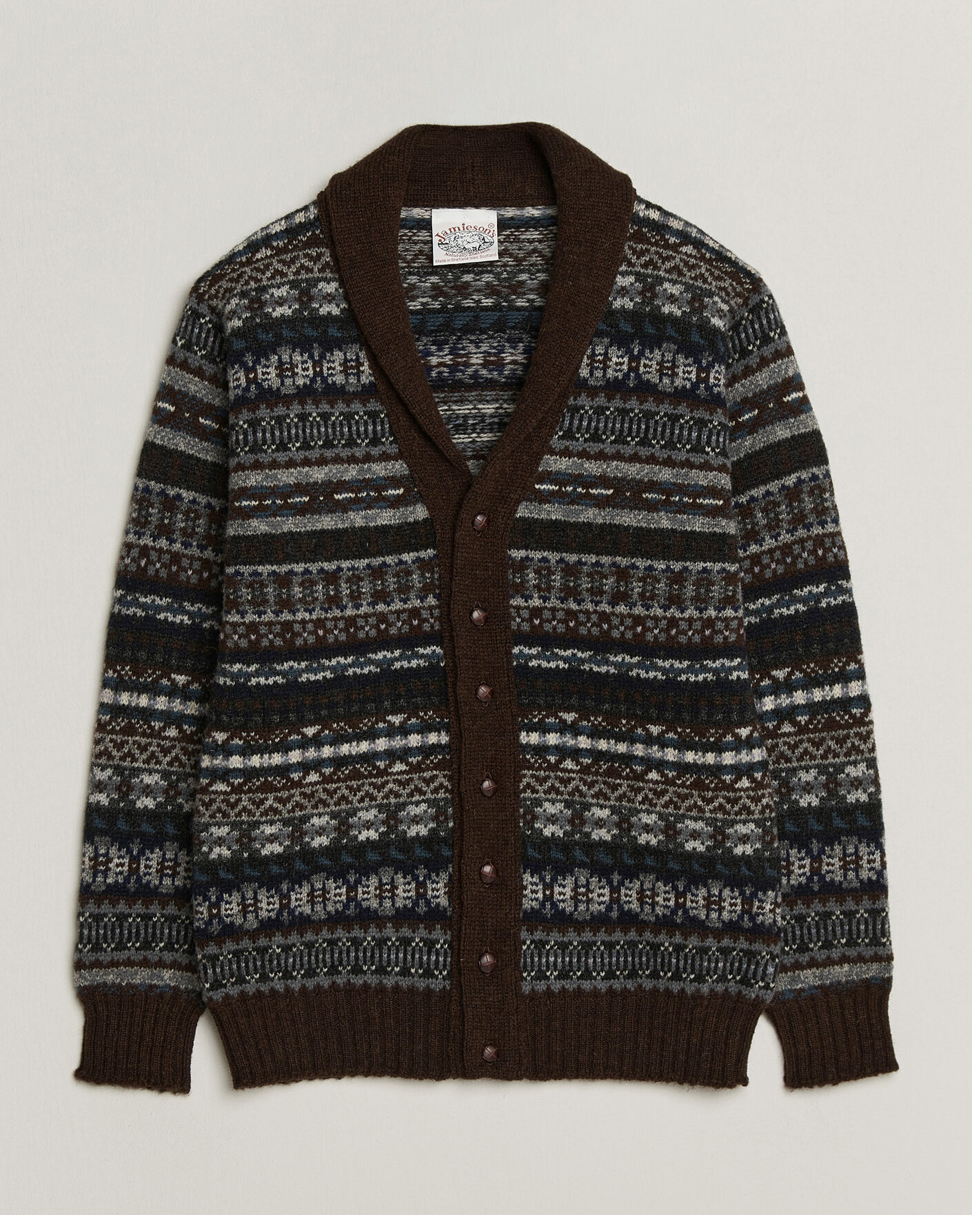 Uomini | Maglieria | Jamieson's of Shetland | Jamiesons Of Shetland All Over Fair Isle Shawl Collar Cardigan Brown
