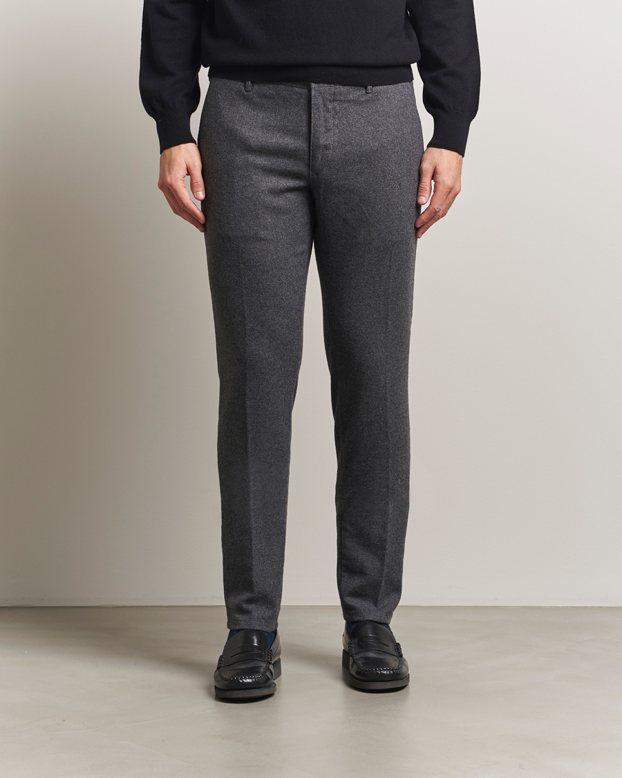 Uomini | Pantaloni | Incotex | Slim Fit Washed Flannel Slacks Grey Melange