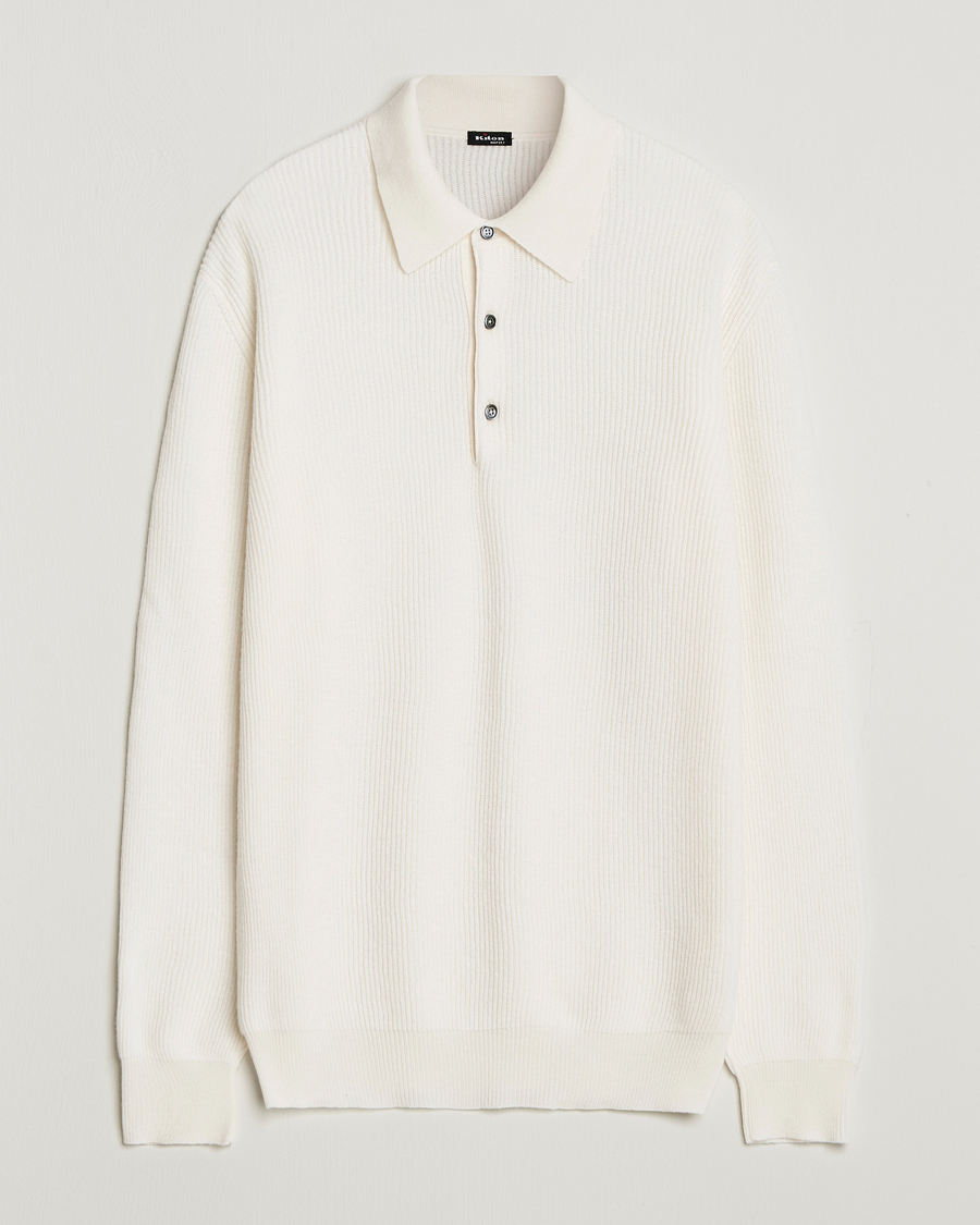 Uomini | Maglieria | Kiton | Cashmere Rib Long Sleeve Polo Light Beige
