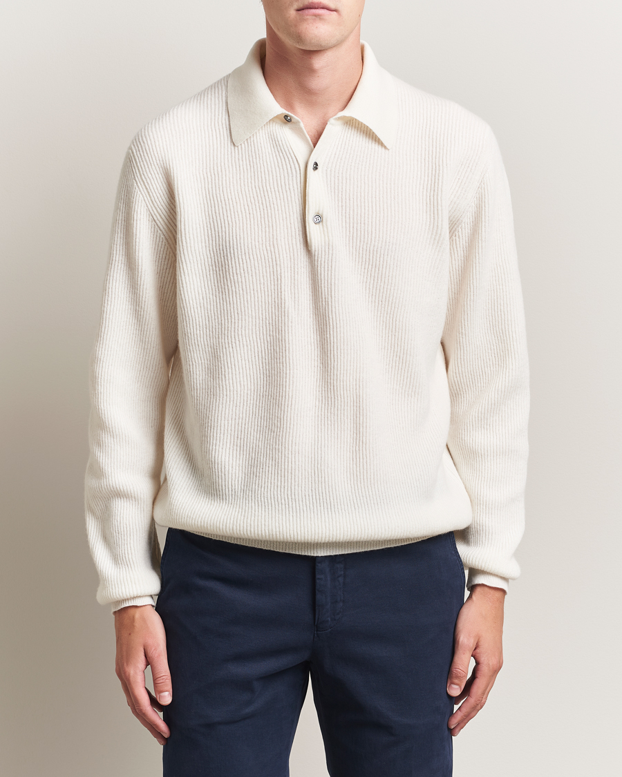 Uomini | Maglieria | Kiton | Cashmere Rib Long Sleeve Polo Light Beige