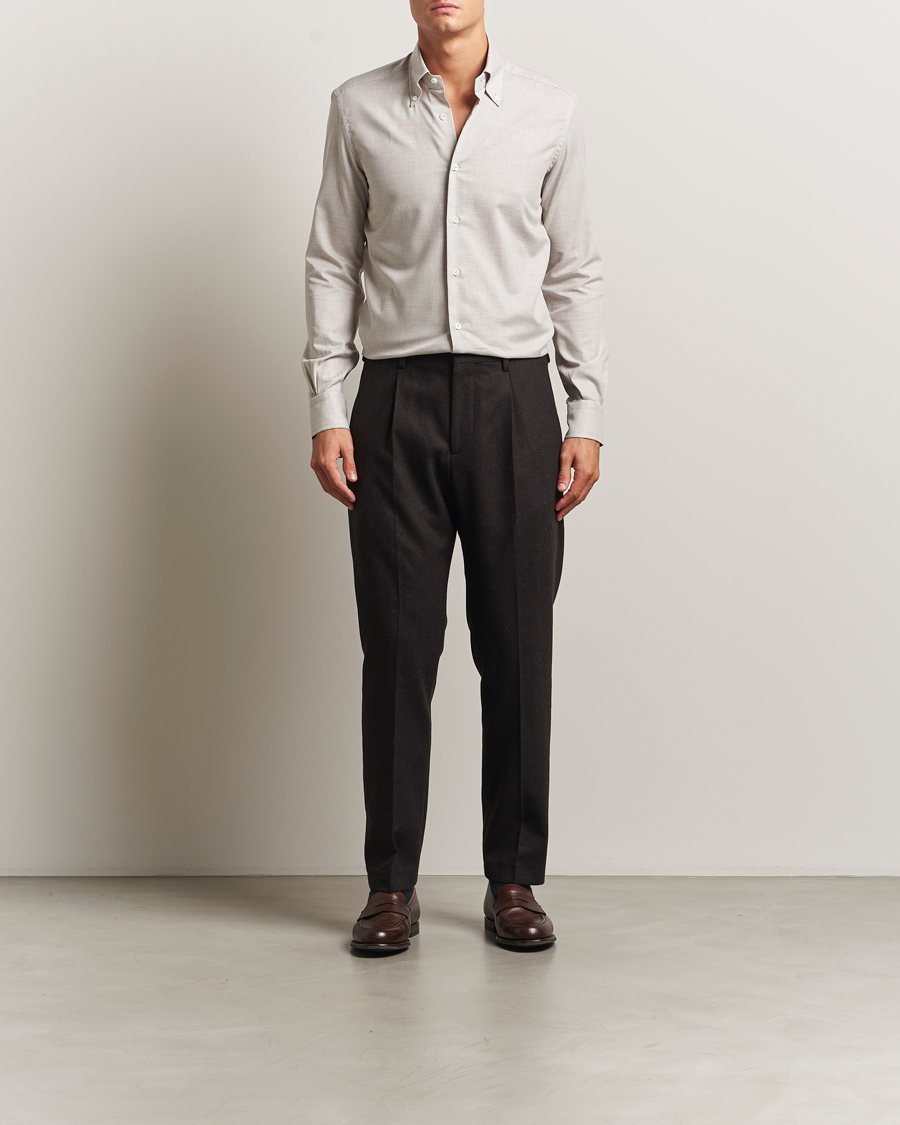 Uomini | Camicie | Mazzarelli | Soft Flannel Button Down Shirt Beige