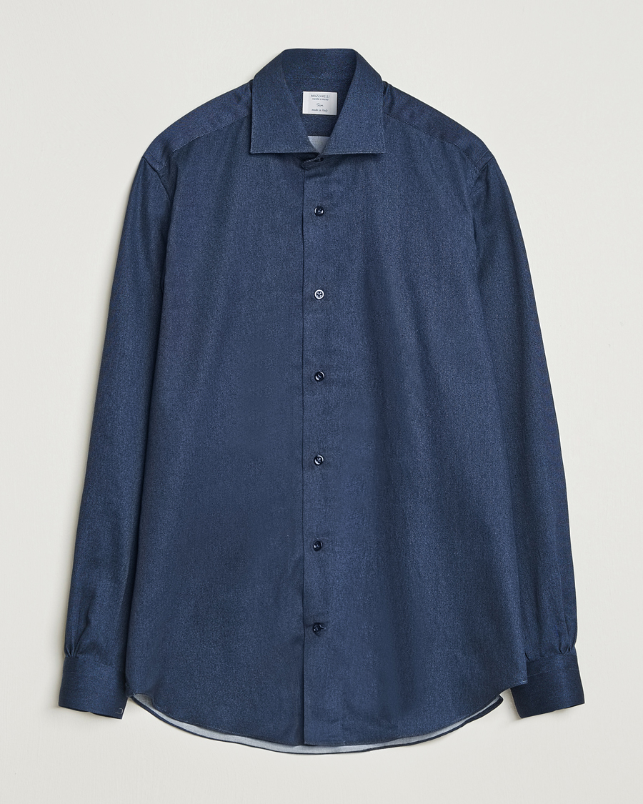 Uomini | Camicie | Mazzarelli | Soft Flannel Cut Away Shirt Navy