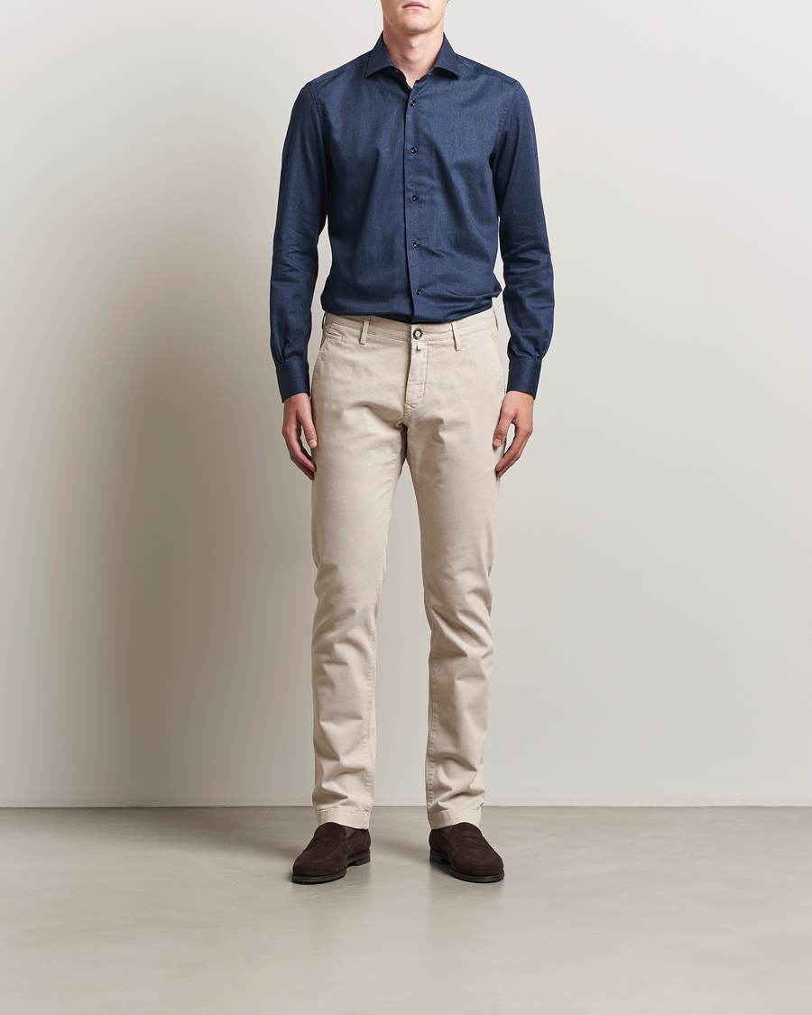 Uomini | Camicie | Mazzarelli | Soft Flannel Cut Away Shirt Navy