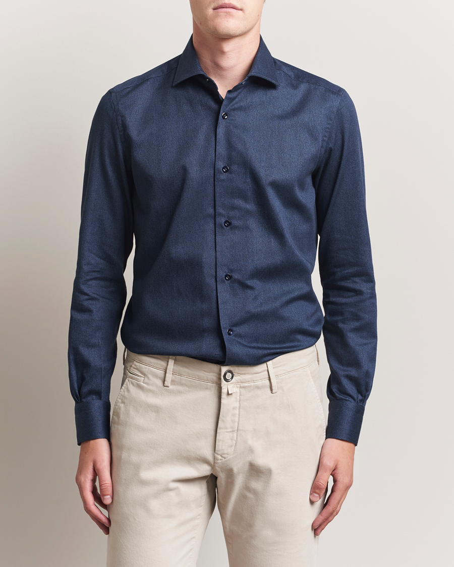 Uomini | Camicie | Mazzarelli | Soft Flannel Cut Away Shirt Navy