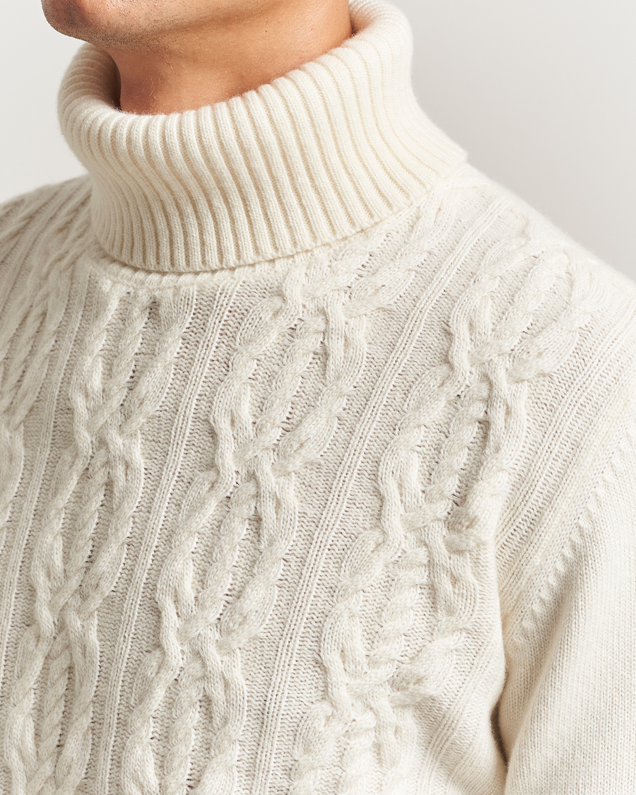 Uomini | Maglieria | Oscar Jacobson | Heavy Knitted Wool/Cashmere Cable Polo White