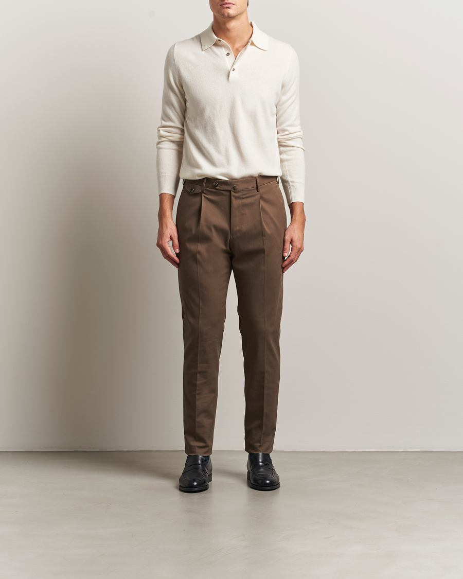 Uomini | Pantaloni | PT01 | Slim Fit Pleated Cotton/Cashmere Trousers Dark Brown