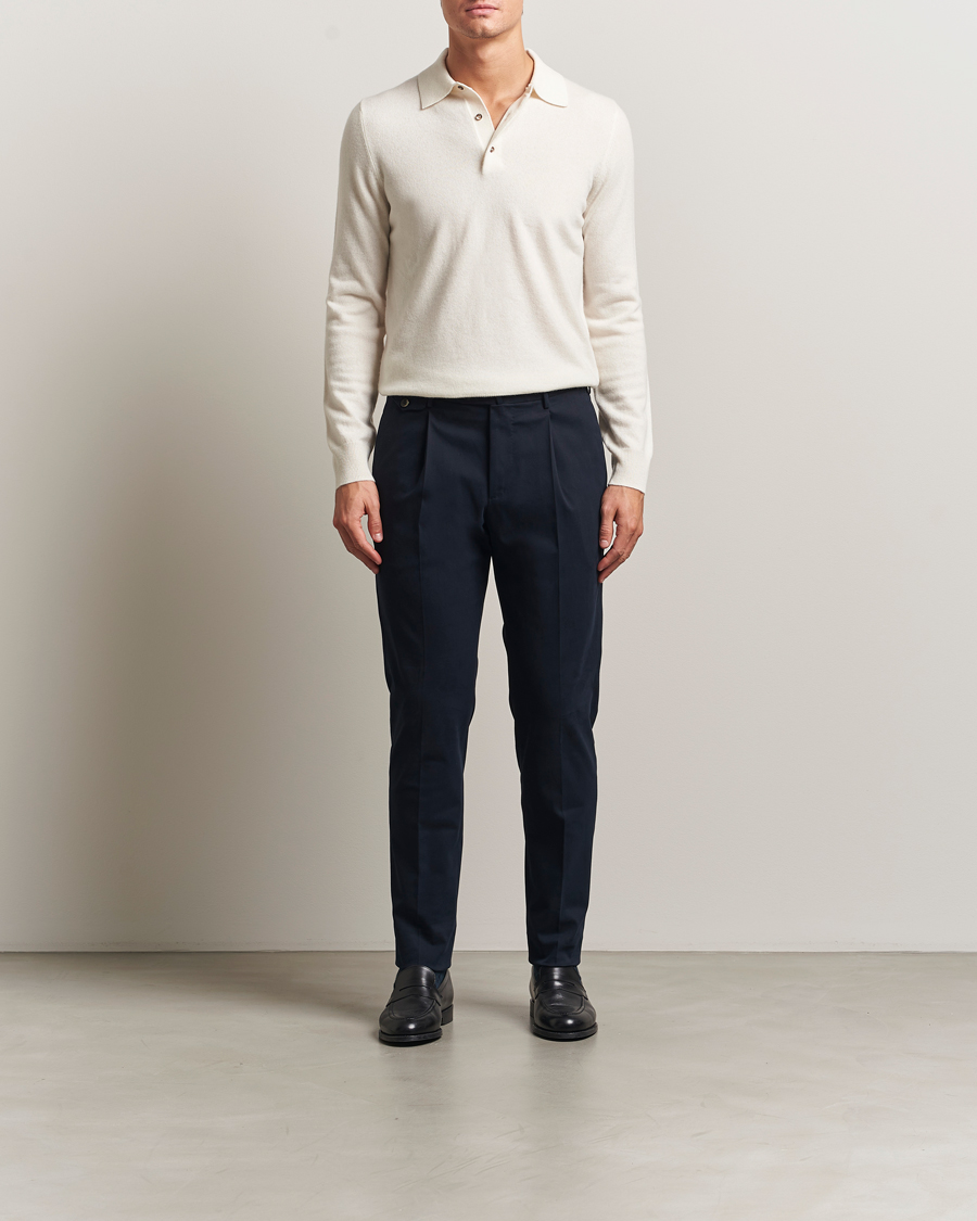 Uomini | Pantaloni | PT01 | Slim Fit Pleated Cotton/Cashmere Trousers Navy