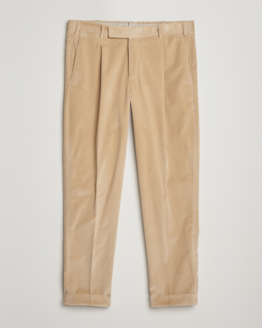 Uomini | Pantaloni | PT01 | Slim Fit Pleated Corduroy Trousers Light Beige