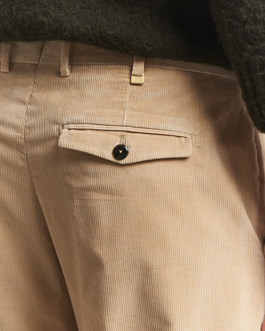 Uomini | Pantaloni | PT01 | Slim Fit Pleated Corduroy Trousers Light Beige