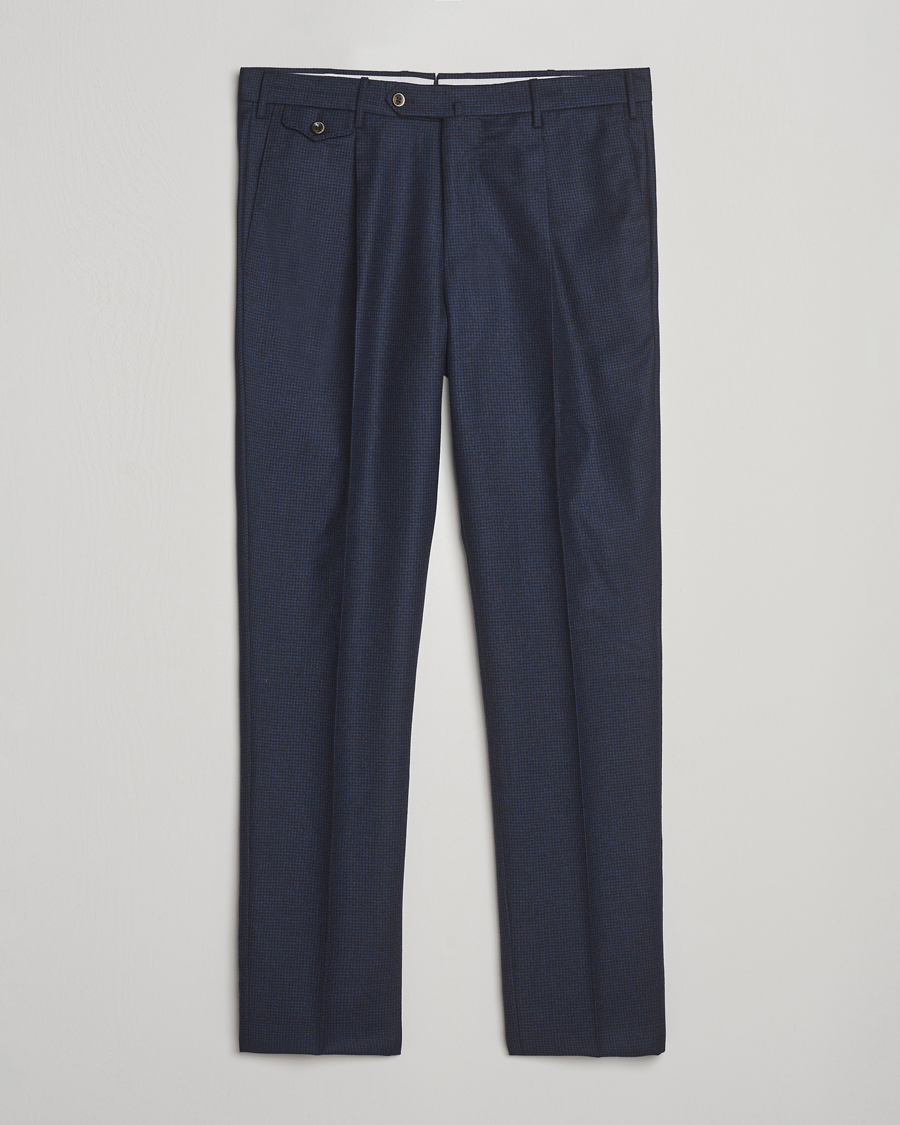 Uomini | Pantaloni | PT01 | Gentleman Fit Pleated Houndstooth Flannel Trousers Navy
