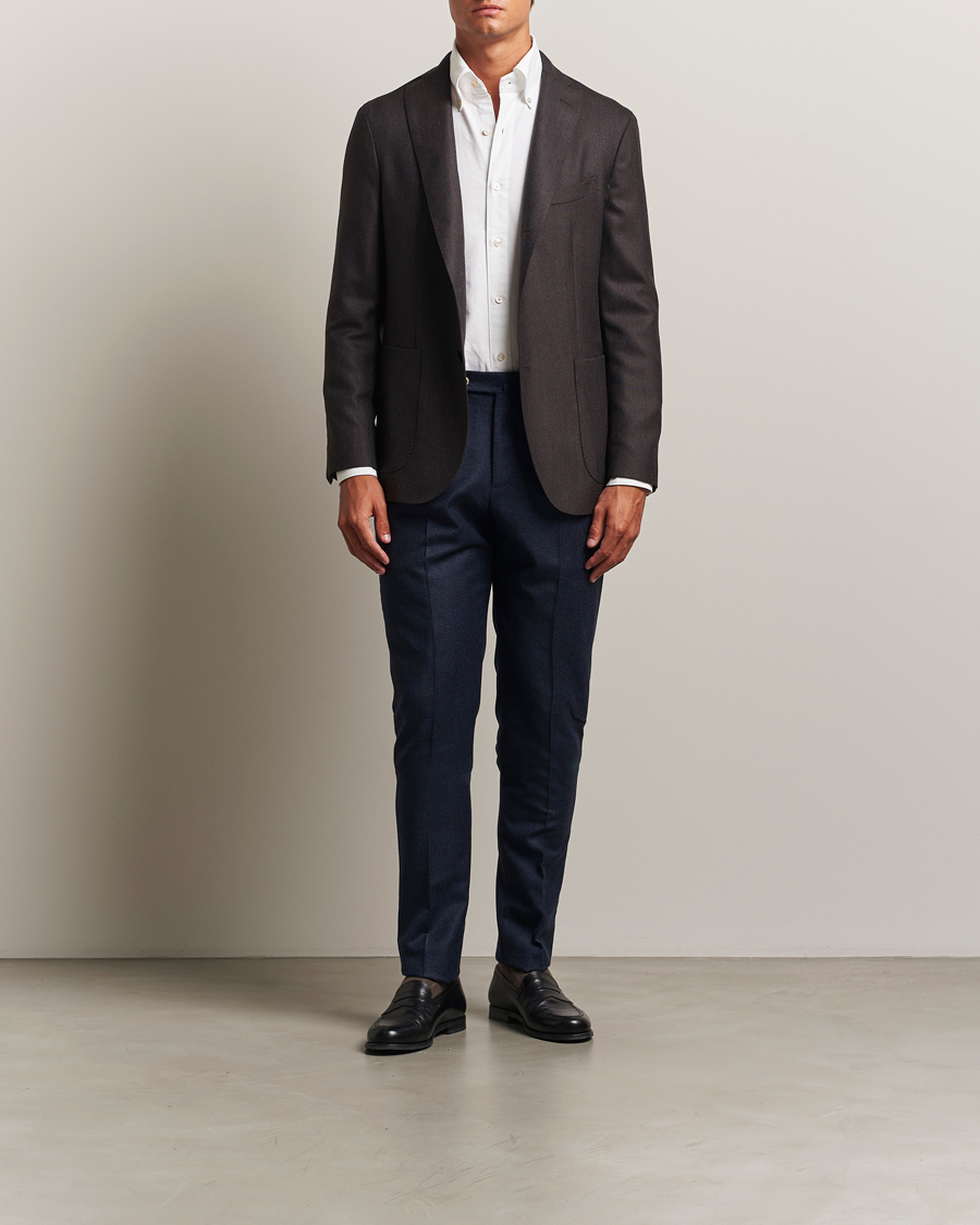 Uomini | Pantaloni | PT01 | Gentleman Fit Pleated Houndstooth Flannel Trousers Navy