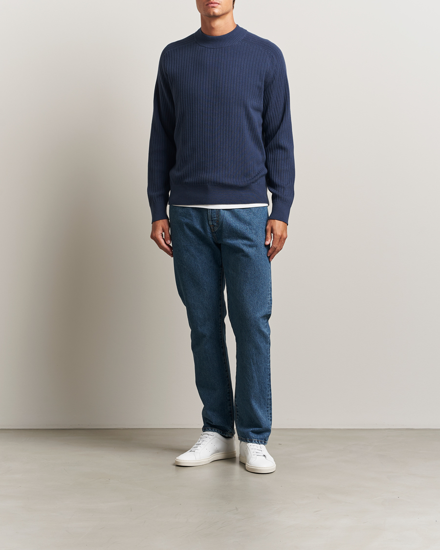 Uomini | Maglieria | Filippa K | Cotton Merino Knitted Mock Neck Sweater Dusk Blue
