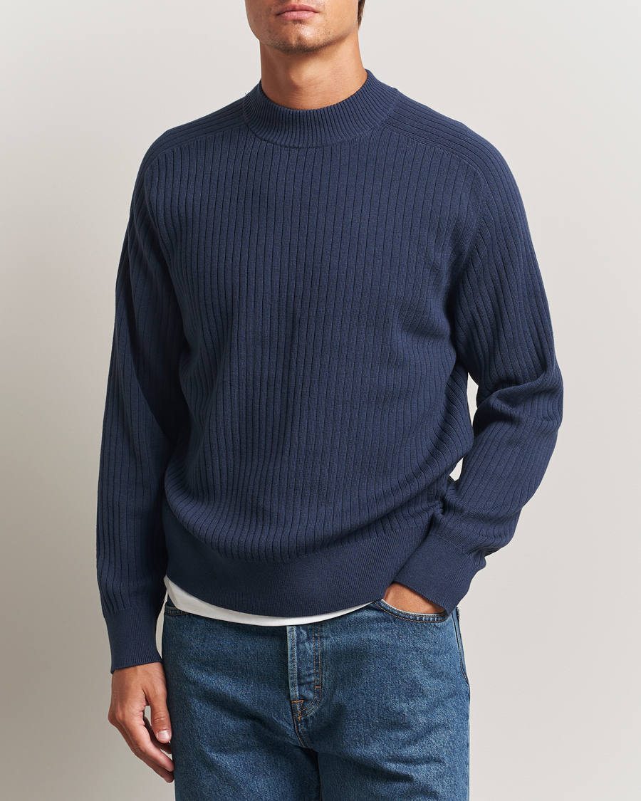 Uomini | Maglieria | Filippa K | Cotton Merino Knitted Mock Neck Sweater Dusk Blue