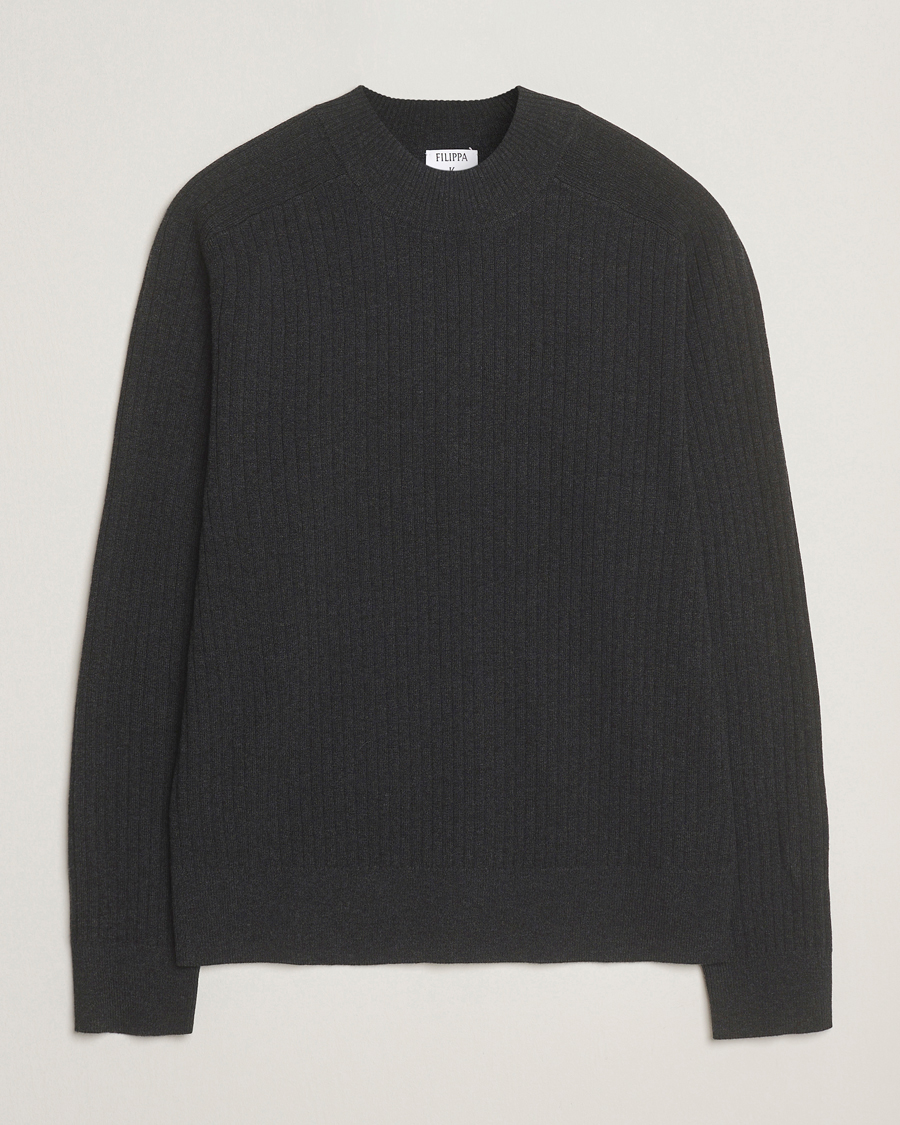 Uomini | Maglieria | Filippa K | Cotton Merino Knitted Mock Neck Sweater Anthracite Melange