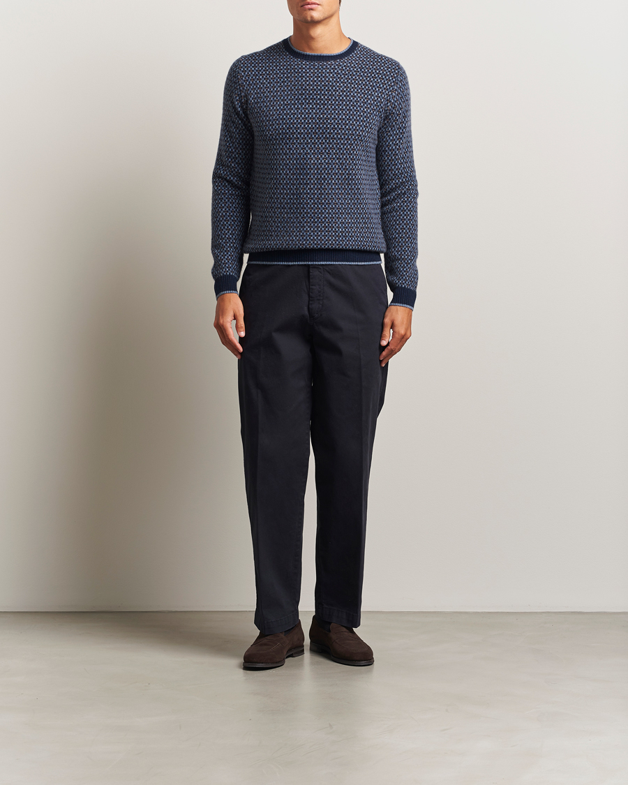 Uomini | Maglieria | Stenströms | Cashmere Pattern Crewneck Navy