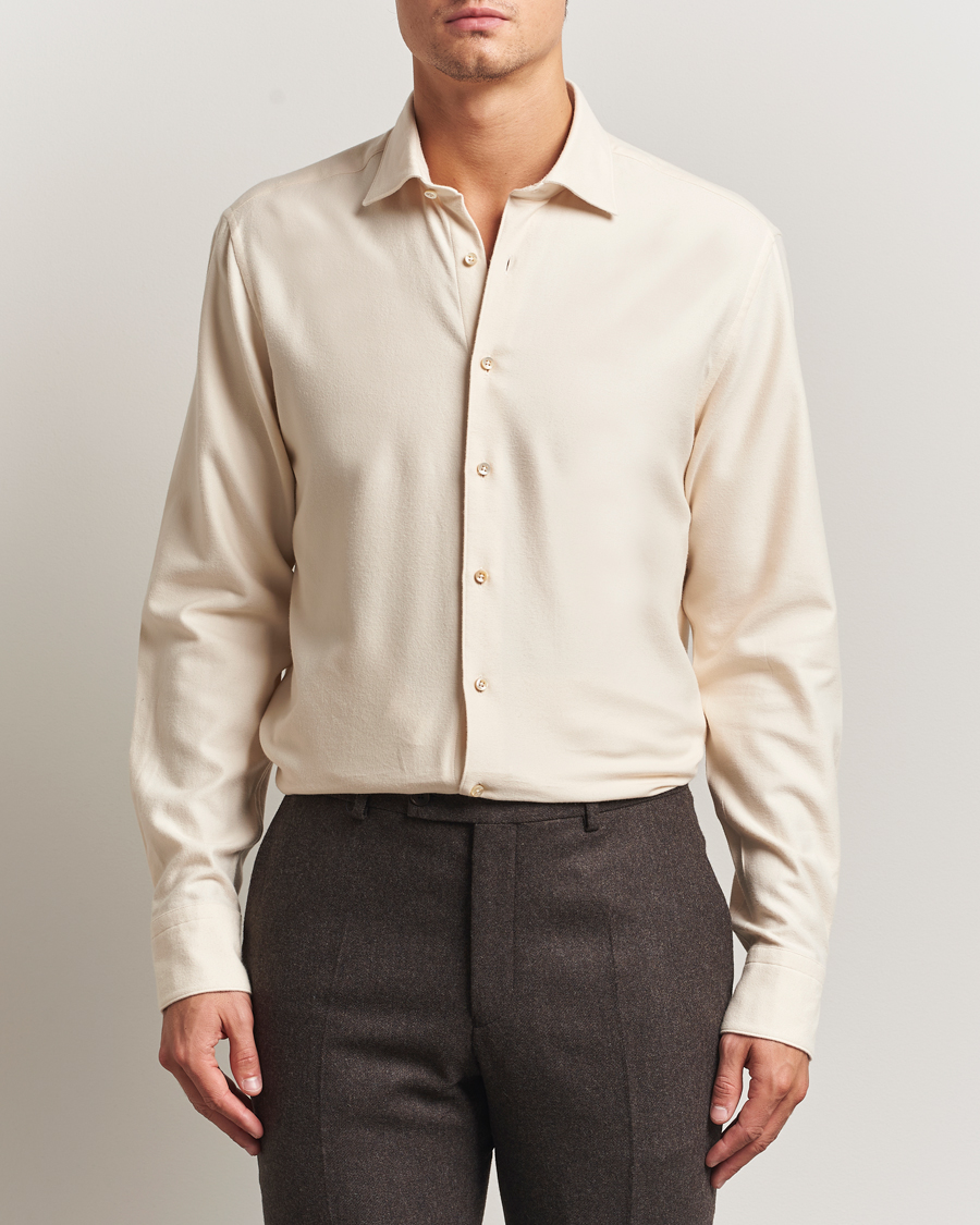 Uomini | Camicie | Stenströms | Regular Fit Cut Away Flannel Shirt Light Beige