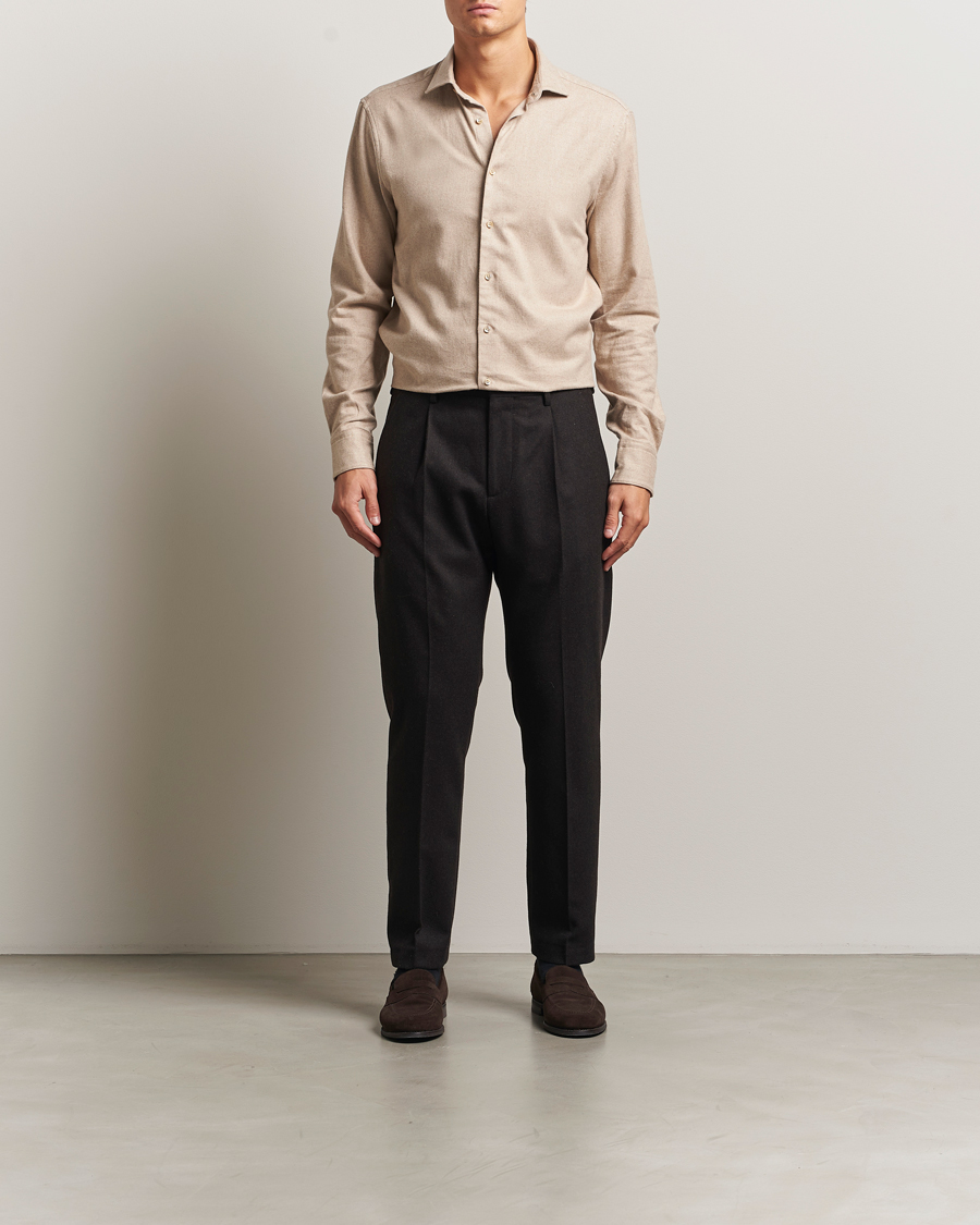 Uomini | Camicie | Stenströms | Regular Fit Cut Away Flannel Shirt Beige