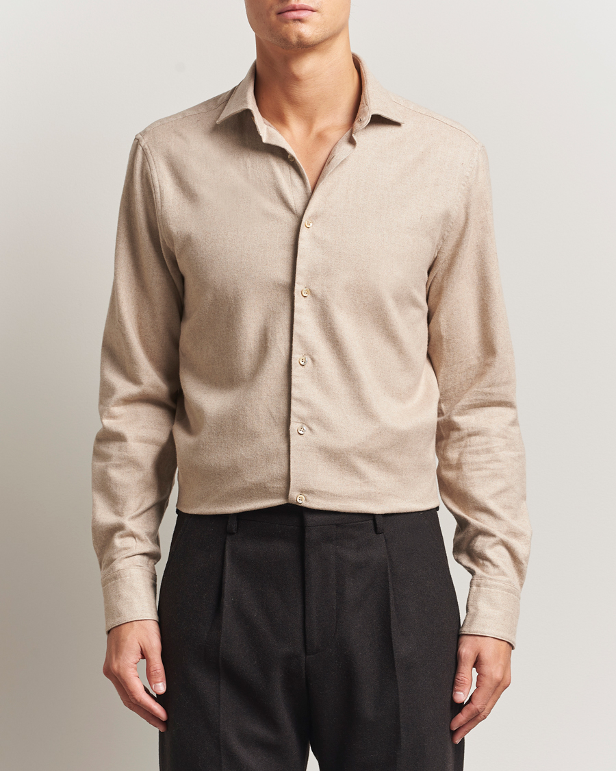 Uomini | Camicie | Stenströms | Regular Fit Cut Away Flannel Shirt Beige