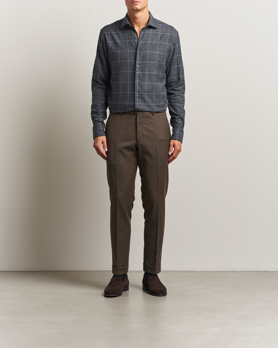 Uomini | Camicie | Stenströms | Regular Fit Overcheck Flannel Shirt Dark Grey