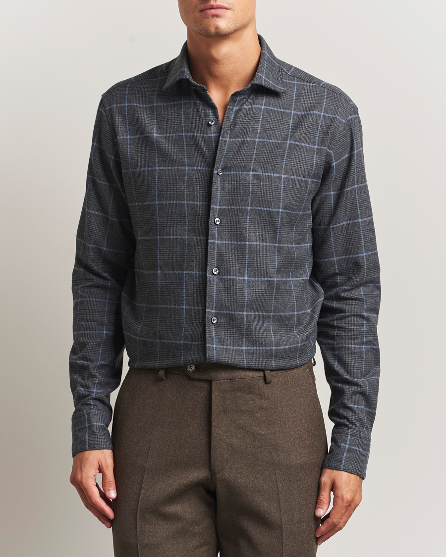 Uomini | Camicie | Stenströms | Regular Fit Overcheck Flannel Shirt Dark Grey