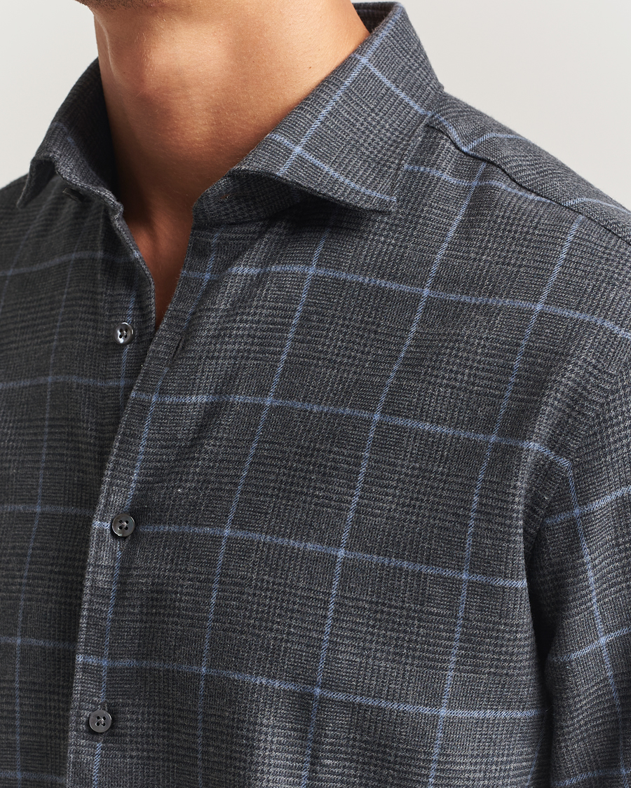Uomini | Camicie | Stenströms | Regular Fit Overcheck Flannel Shirt Dark Grey