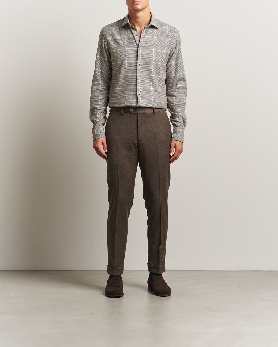 Uomini | Camicie | Stenströms | Regular Fit Glencheck Flannel Shirt Brown