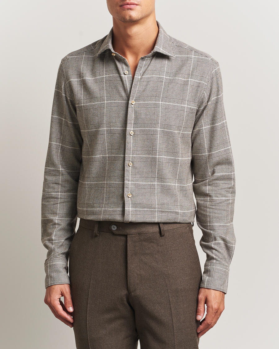Uomini | Camicie | Stenströms | Regular Fit Glencheck Flannel Shirt Brown