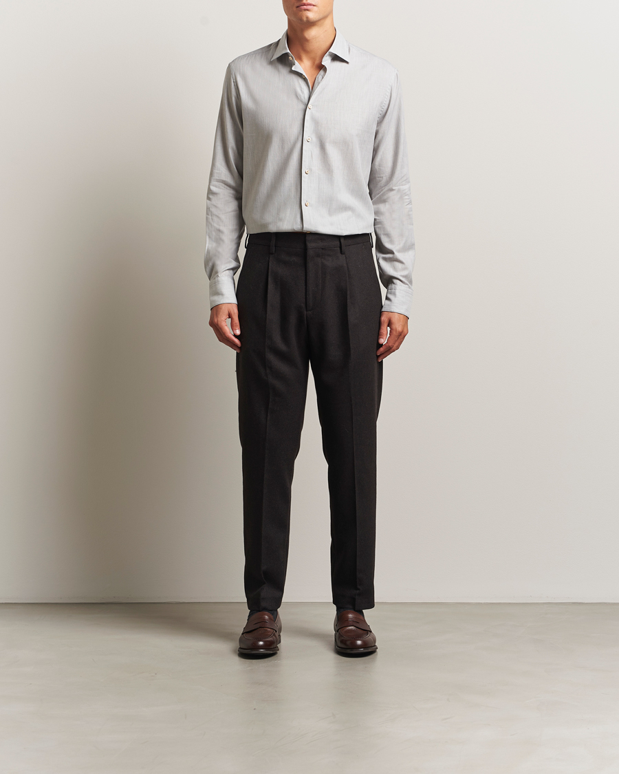 Uomini | Camicie | Stenströms | Regular Fit Brushed Mini Herringbone Shirt Grey