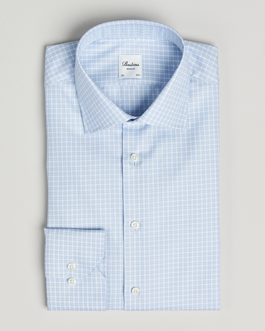 Uomini | Camicie | Stenströms | Regular Fit Twill Check Cut Away Shirt Light Blue