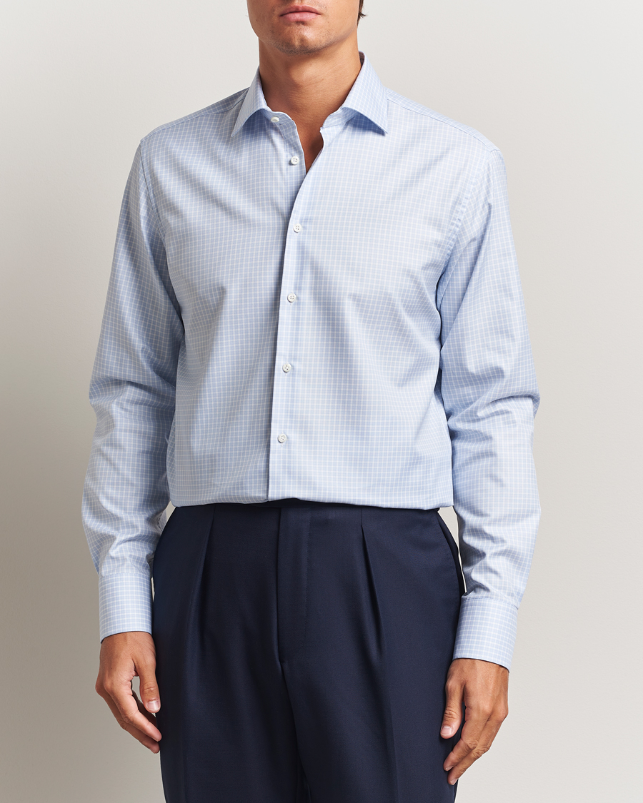 Uomini | Camicie | Stenströms | Regular Fit Twill Check Cut Away Shirt Light Blue