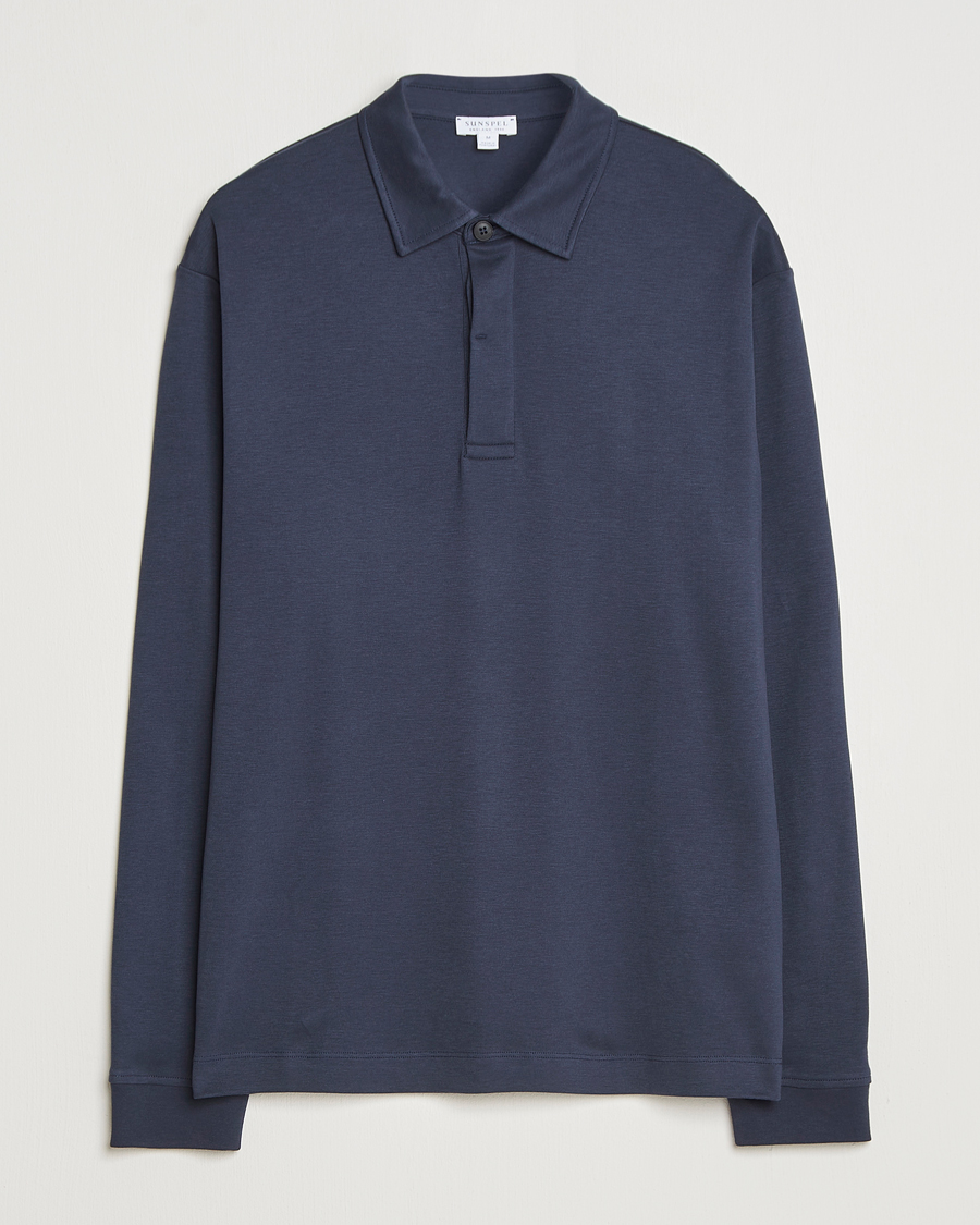 Uomini | Maglieria | Sunspel | Heavy Weight Supima Cotton Long Sleeve Polo Navy