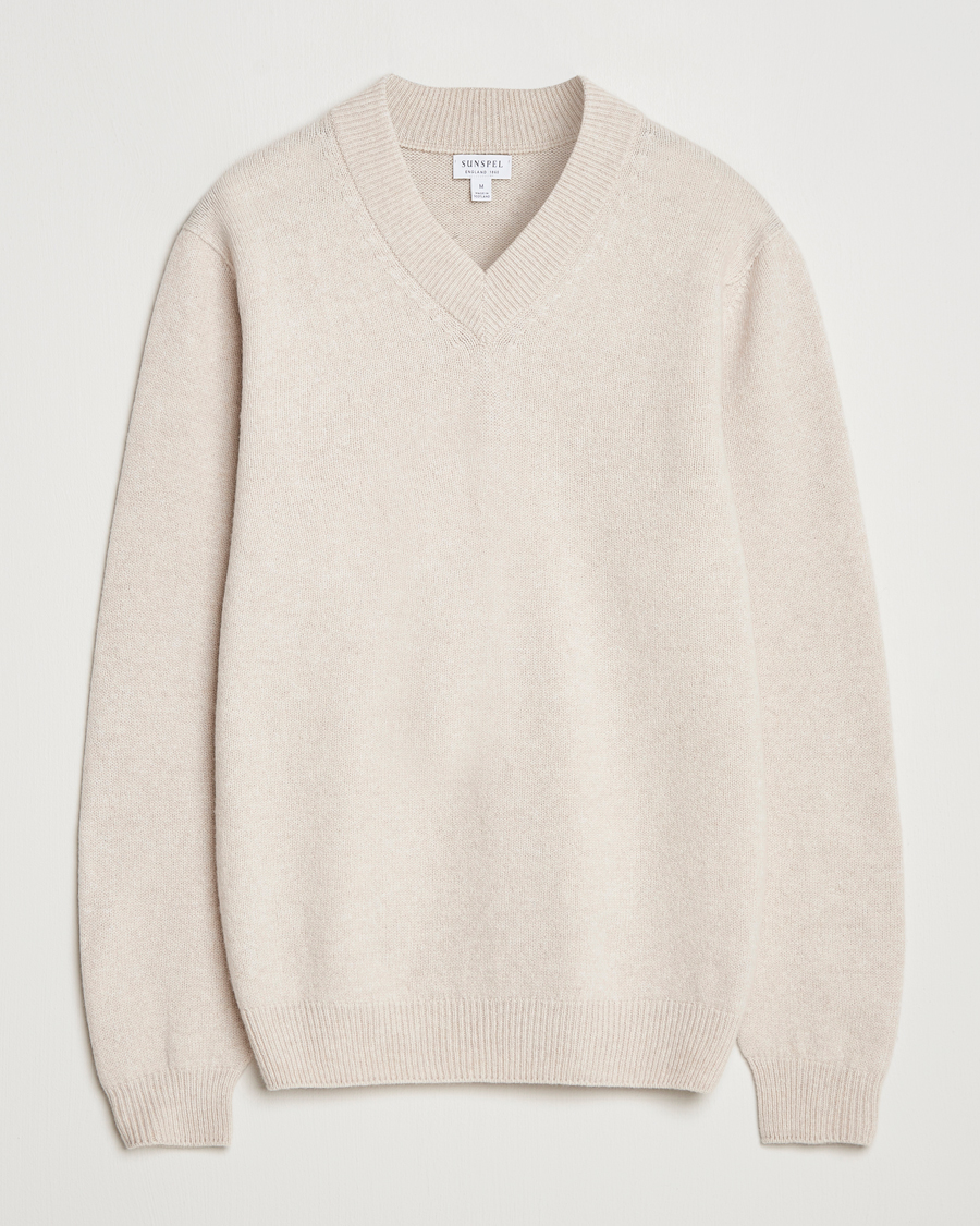 Uomini | Maglieria | Sunspel | Knitted Lambswool V-Neck Oatmeal Melange
