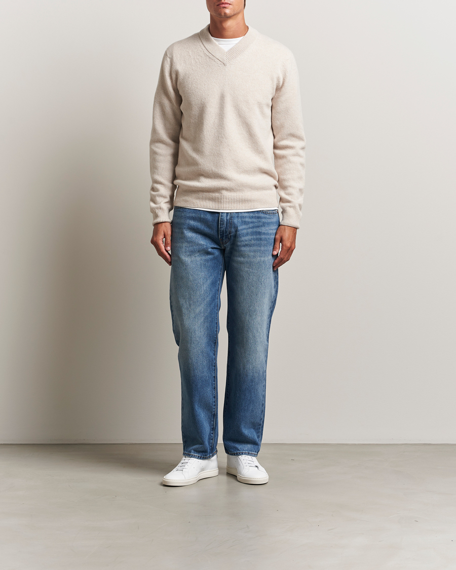 Uomini | Maglieria | Sunspel | Knitted Lambswool V-Neck Oatmeal Melange