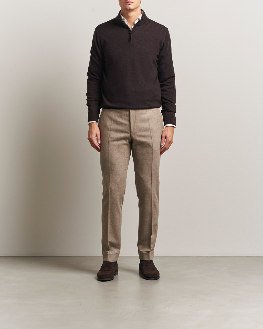Uomini | Maglieria | Charles Tyrwhitt | Pure Merino Zip Neck Jumper Chocolate Brown