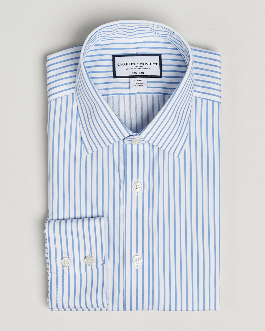Uomini | Camicie | Charles Tyrwhitt | Slim Fit Non Iron Twill Stripe Shirt Blue